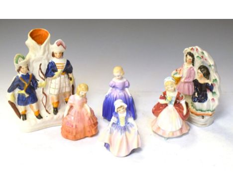 Four Royal Doulton figures 'Marie', 'Dinky-Do', 'Rose', and 'Valerie', together with two Staffordshire flat-backs, 22cm high 