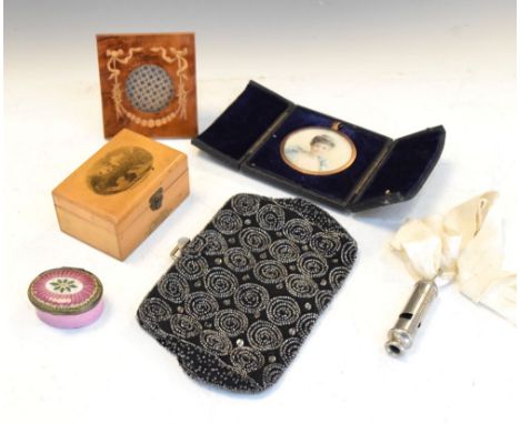 Quantity of interesting miscellanea to include small inlaid photograph frame, Second World War whistle, bead work evening bag