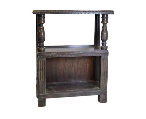 19th Century oak two-tier buffet, 103cm x 45cm x 125cm Condition: Cracks, splits, discolouration and staining to top panel, f
