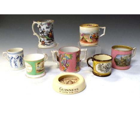 Collection of Prattware and other ceramic tankards, together with a Guinness advertising ashtray by Cauldon, 13cm high and sm