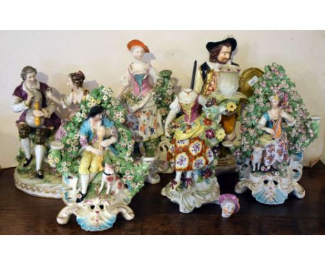 Derby figure of James Quinn in the role of Falstaff, pair of Continental reproduction hard paste porcelain bocage figures, et