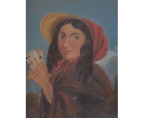 19th Century British School - Naive study of a gypsy girl holding playing cards, oil on panel, 16cm x 12cm, framed and glazed