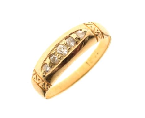 Yellow metal and five-stone diamond dress ring, shank stamped 18ct, size L, 2.6g gross approx Condition: General condition co