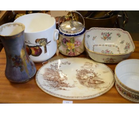 Wedgwood rustic circular ceramic panel decorated with rabbits and ducks, together with a Devon lustrine vase, Carlton Ware fl