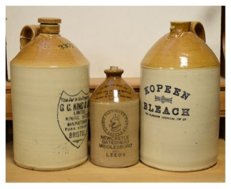 Three stoneware flagons, Kopeen Bleach, E.C. King &amp; Co Mineral Water etc, tallest 43cm Condition: Lid missing to one flag