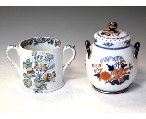 19th Century ironstone pot pourri jar and cover, together with a two-handled tyg, 21cm high and smaller Condition: Tyg with s