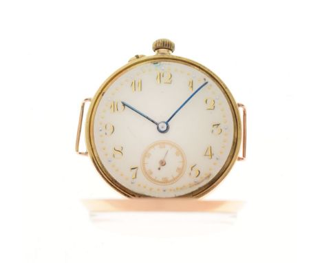 Early 20th Century yellow metal wristwatch head, white Arabic dial with gilt numerals and subsidiary at 6, unmarked Swiss man