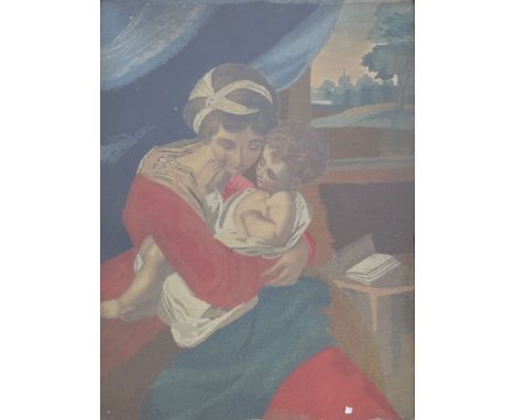 Early 19th Century silk work panel of the Madonna and child, 53.5cm x 41cm, framed and glazed Condition: Tears to silk on fac
