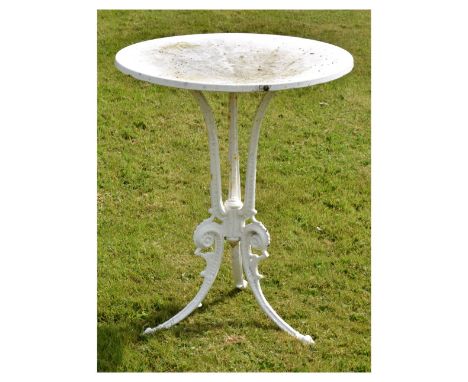 White painted cast iron garden table with circular top, 71cm high, 59cm diameter Condition: The whole item is covered in whit