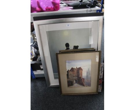 A Vettriano style print, decorative pictures and prints, watercolour depicting St. NIcholas cathedral by Cyril Lomax etc 