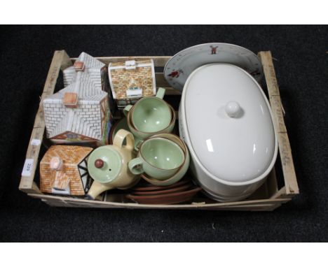 A crate of decorative ornamental storage jars, ceramic bread bin, Denby etc 