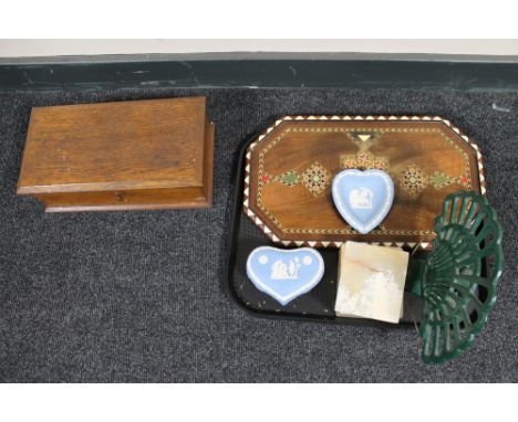 A tray of oak box, inlaid wooden panel, Wedgwood trinket box, menu stand 
