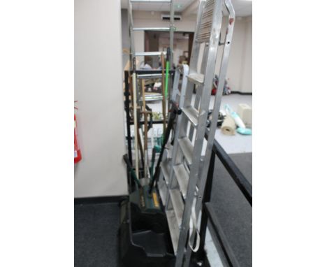 A quantity of garden tools, black and decker lawn raker, metal steps etc 