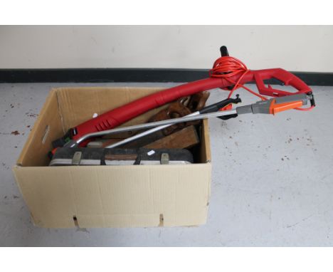 A box containing a quantity of tools, suitcase of tools, electric strimmer etc