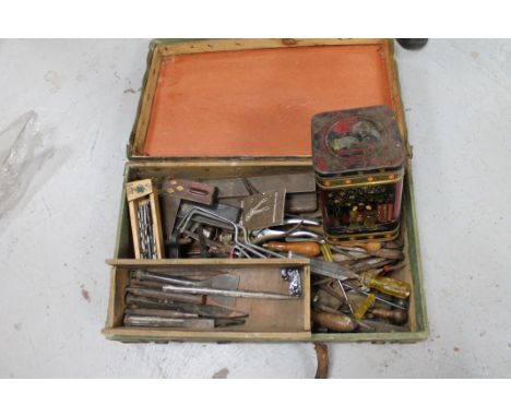 A canvas suitcases containing a quantity of vintage woodworking tools, boxwood ruler etc 