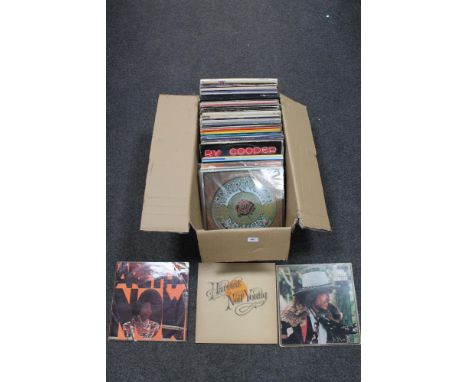 A large box of LP records, pop, rock, etc including Neil Young, Bob Dylan, Aretha Franklin etc