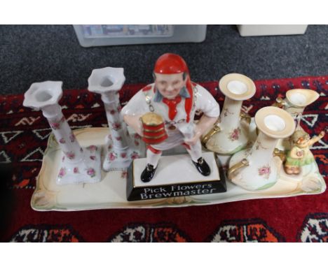An Edwardian trinket tray together with a Brewmaster advertising sign, Parian figure, Hummel figure