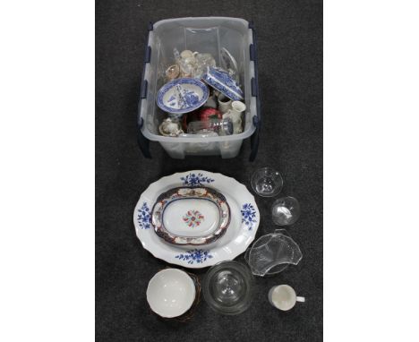 A quantity of ceramics and glass, antique meat plate, Poole ware, wooden mirror, toilet roll stand  etc 