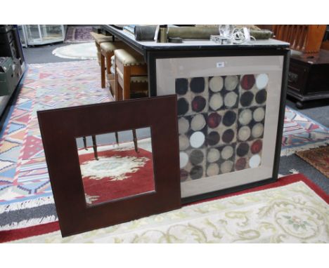 A contemporary framed print, leather framed mirror and clear plastic table lamp 