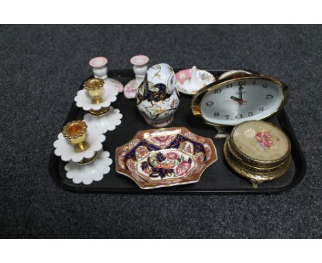 A tray of Royal Crown Derby twilight owl, dressing table clock, Nagel candlesticks etc 