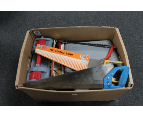 A box containing three saws, hand tools etc 