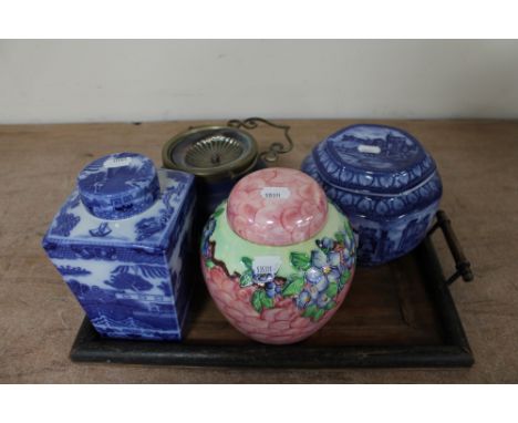 A tray of Maling blue and white tea caddy, ginger jar, Wedgwood biscuit barrel, inlaid tray 