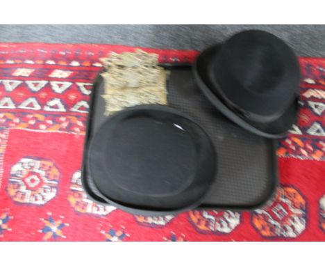 Two vintage bowler hats together with a brass embossed letter rack 