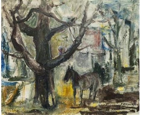 Ferdinand StranskyBaum und Pferd1964Öl auf Hartfaserplatte60 x 72 cmSigniert und datiert rechts unten: F. Stransky 64österrei