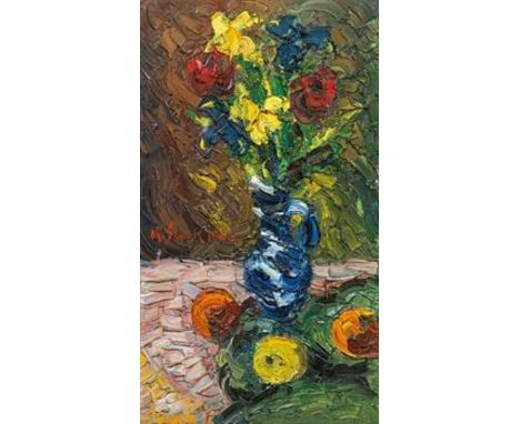 Karl StarkBlumen in Vase1988Öl auf Hartfaserplatte70 x 40 cmSigniert und datiert links mittig: K. Stark 1988Privatbesitz, Wie