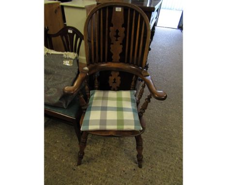 MODERN ELM HARD SEATED HIGH STICK BACK WINDSOR ARMCHAIR   