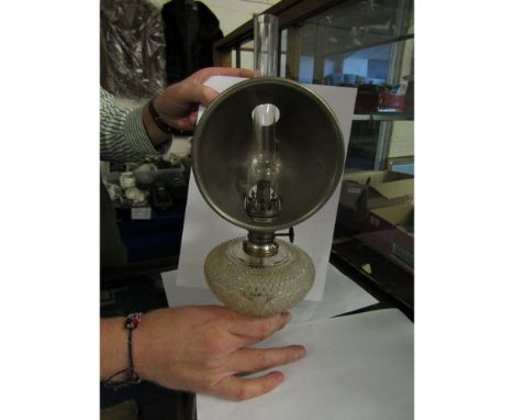 CUT GLASS FONTED PEG TYPE LAMP WITH AN ALUMINIUM DIRECTIONAL SHADE   