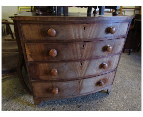 19TH CENTURY MAHOGANY BOW FRONTED FOUR FULL WIDTH DRAWER CHEST WITH TURNED KNOB HANDLES   