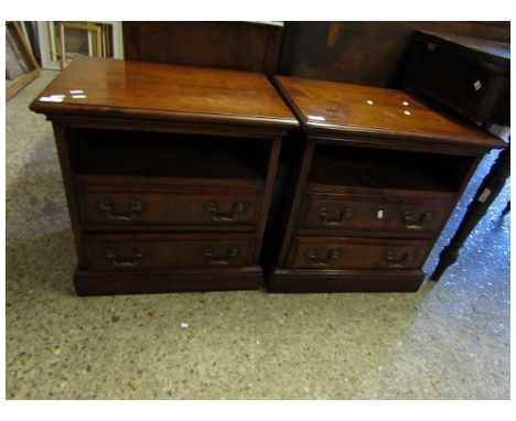 PAIR OF GOOD QUALITY MAHOGANY BEDSIDE CUPBOARDS WITH OPEN SHELF WITH TWO DRAWERS WITH SWAN NECK HANDLES   