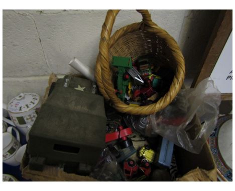 BOX CONTAINING MIXED TIN PLATE ARMY JEEP, TANK PLAYWORN DIE-CAST VEHICLES, ACTION MEN CLOTHING ETC   