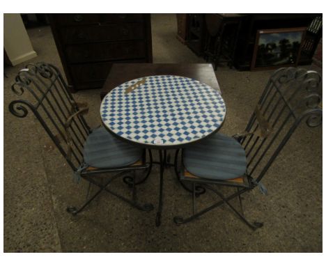 MODERN METAL MOSAIC TILE TOP CIRCULAR GARDEN TABLE AND TWO FOLDING CHAIRS WITH TEAK SLATTED SEATS (3)   