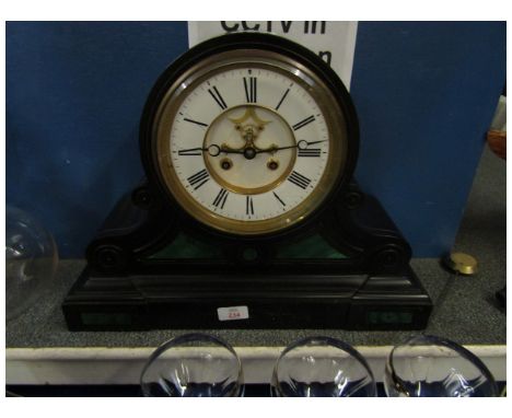 GOOD QUALITY BLACK SLATE MANTEL CLOCK WITH MALACHITE INLAY WITH ENAMELLED ARABIC CHAPTER RING   