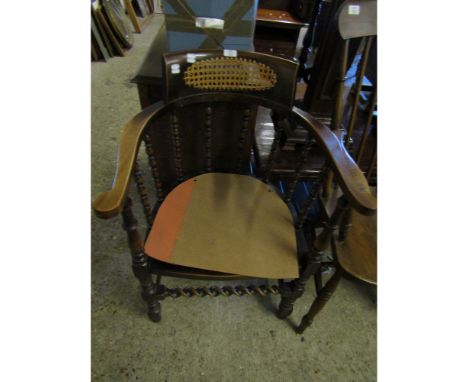 BEECHWOOD FRAMED BOW BACK ARMCHAIR WITH BOBBIN TURNED SPINDLES WITH CANE SEAT AND BACK   