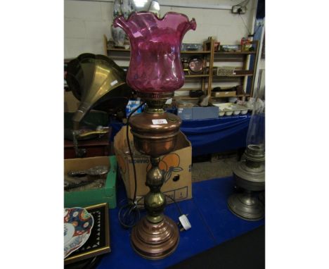 COPPER AND BRASS ELECTRIC LAMP WITH CRANBERRY SHADE   
