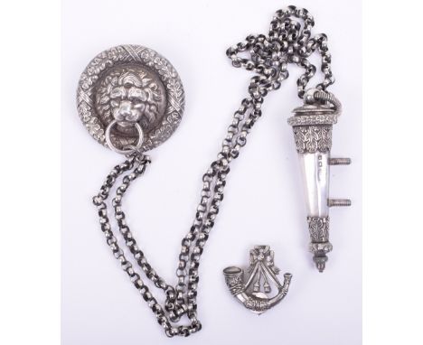 Hallmarked Silver Officers Cross Belt Fittings, fine quality lion head boss with linked chain leading to officer’s whistle ho