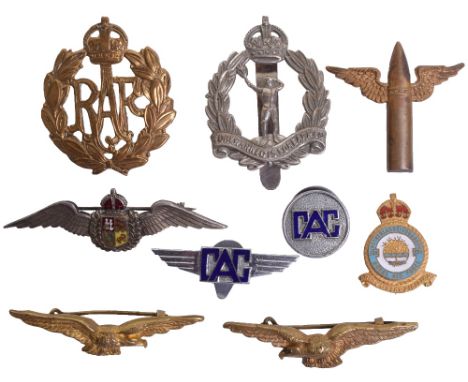 Grouping of Aviation Badges, including gilt pathfinders sleeve badge, RNAS sleeve eagle with brooch fitting, 2x CAG chrome an