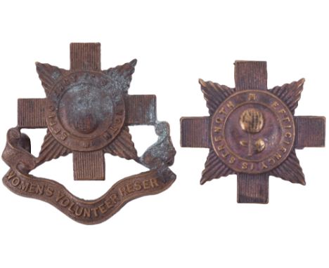 WW1 Women’s Volunteer Reserve Officers Cap & Collar Badge, bronzed cap badge with J R Gaunt makers tablet to the reverse and 