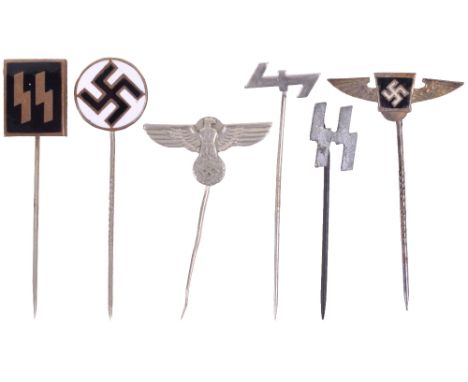 6x Third Reich Stick Pins, consisting of brass and enamel SS runes example, SS runes example, Dutch SS stick pin, enamel swas