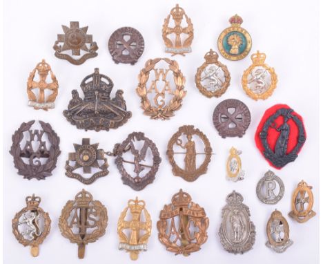 Grouping of Women’s Organisations Badges, including Women’s Volunteer Reserve collar / cap badge with two repaired lug fittin