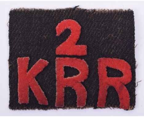 WW1 2nd Battalion Kings Royal Rifle Corps Title, crudely made title in the form of red felt “2 K R R” on black rectangle clot