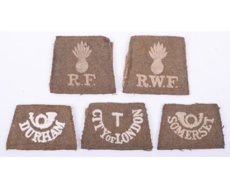 5x WW1 Slip-on Shoulder Titles, consisting of white embroidered on khaki SOMERSET below bugle (Somerset Light Infantry), whit