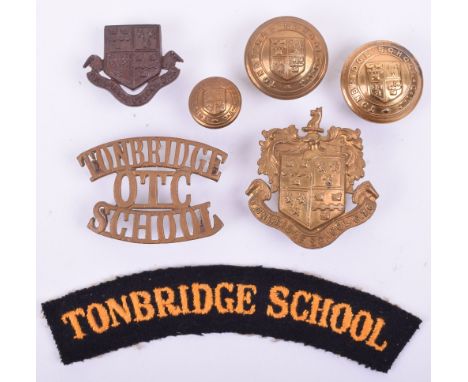 Tonbridge School Badge Grouping, consisting of brass cap badge, bronze collar badge, brass OTC shoulder title, embroidered cl