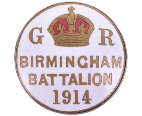 1914 Kitchener’s Army Birmingham Battalion Lapel Badge, white enamel circular badge with Crowned GR and BIRMINGHAM BATTALION 