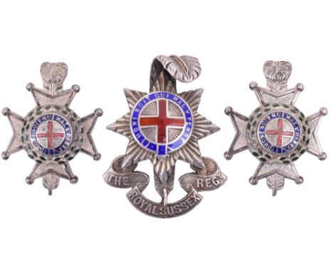 Royal Sussex Regiment Officers Cap and Collar Badge Set, silvered and enamel two piece officers cap badge with matching offic