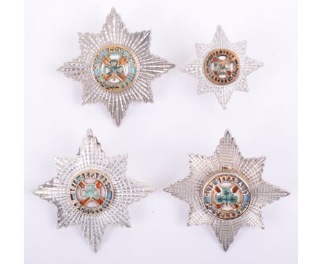 4x Irish Guards Officers Cap Stars, 3x large silver and enamel and single small silver and enamel example. All remain in good