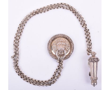 British Officers Cross Belt Fittings, consisting of lion head boss badge with chain leading to hallmarked silver whistle in h